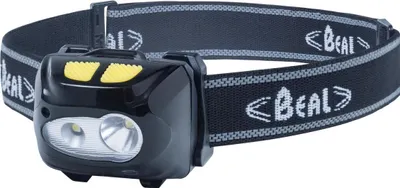 Stirnlampe FF210 R von Beal mit zwei LED-Lichtern und verstellbarem Kopfband.