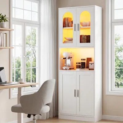 Produktbild von Bücherschrank mit LED, Bücherregal Aufbewahrungsschrank mit 4 Türen, Küchenschrank, 60x30x170 cm, Weiß