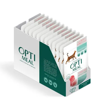 Produktbild von Optimeal Alleinfuttermittel für ausgewachsene Katzen mit Rind und Pute in Gelee für sterilisierte Katzen–12x85g