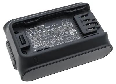 A black battery pack with a label showing product information.