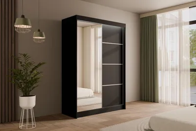 Produktbild von ALTDECOR Kleiderschrank mit Spiegel und Schiebetüren, kugelgelagerte Führungsschienen und Aluminium-Leisten, LED-Beleuchtung (weiß + 16 Farben) und Fernbedienung - PAOKI - 120 cm Schwarz