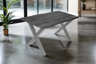 Produktbild von Esstisch Josy | 120 x 80 cm | Holz-Optik in Grau | X-Gestell Metall Silber | 40 mm Tischplatte mit Baumkante | Tisch für Esszimmer & Küche