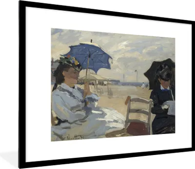 Produktbild von MuchoWow® Gerahmtes Poster Der Strand von Trouville - Gemälde von Claude Monet 80x60 cm - Poster mit Schwarzem Bilderrahmen Wandposter Rahmen Foto Bilder - Schlafzimmer-Dekorationen - Fotoposter