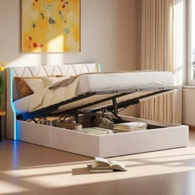 Zdjęcie produktu dla UnboxG Łóżko tapicerowane 140x200cm, łóżko na sprężynach hydraulicznych z LED, łóżko młodzieżowe ze stelażem listwowym, łóżko drewniane dwuosobowe, beżowe