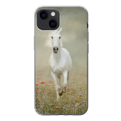 Produktbild von MuchoWow® Handyhülle Schutzhülle Hülle für iPhone 13 Pferd - Stoff - Blumen Silikon Softcase Handy Hülle - Karteninhaber