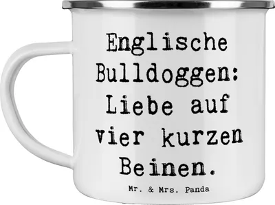 Produktbild von Mr. & Mrs. Panda Emaille Becher Spruch Englische Bulldogge Liebe - Weiß - Geschenk, Hunderassen Eigenschaften, Tasse, Teebecher, Hunderasse, Familienhund, Beschreibung