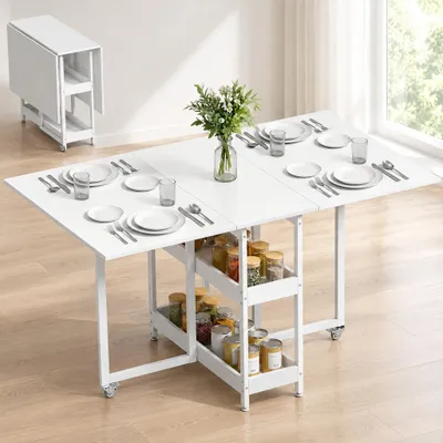 Produktbild von Klapptisch Esstisch klappbar, Küchentisch Industrial, 2 Klappseiten, Spanplatte, Weiß | 133 x 80 x 75 cm | bis 50 kg | mit Rollen