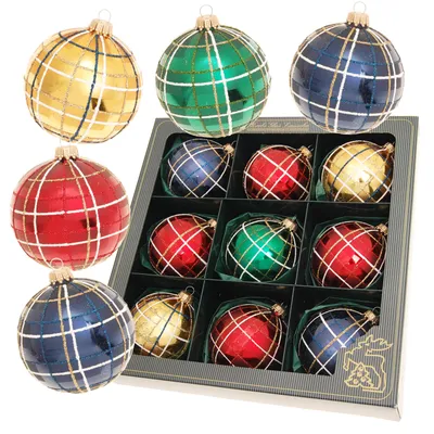 Immagine prodotto di Krebs Glas Lauscha - Set di 9 baubles in vetro - per l'albero di Natale - Colorati con motivo a scacchi - 21245