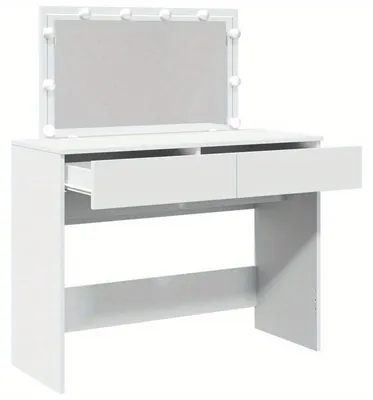 Image de Table de maquillage avec miroir et tabouret - Meuble compact en bois blanc pour chambre