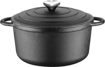 A black cast iron pot with a lid and a silver knob on a white background.