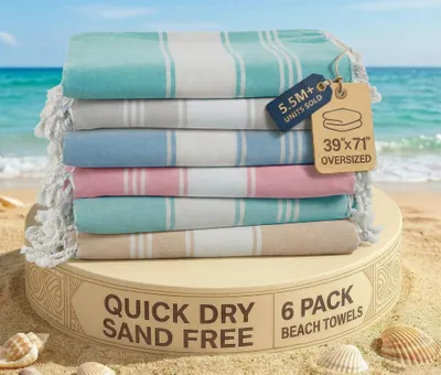 Strandlaken-Set 6-teilig, 90x180 cm, 100% Baumwolle, sandfrei, schnell trocknend