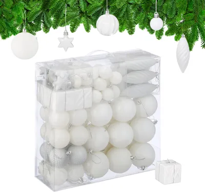 Obrázek produktu pro Relaxdays vánoční koule, sada 110 ks, plast, ozdoby na vánoční stromeček s koulemi a lametou, vánoční ozdoby, bílé