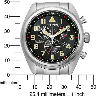 A close-up shot of a Citizen Eco-Drive Super-Titanium Chronograph men's watch, with a ruler for scale.