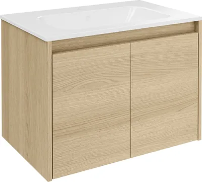 Zdjęcie produktu dla FACKELMANN COMPACT LINE umywalka z szafką podumywalkową 71 cm szerokości, jasnobrązowa, umywalka ceramiczna biała, z 2 drzwiczkami