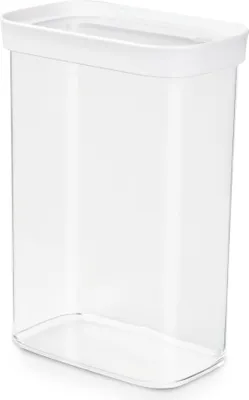 A clear, studio shot of an empty, rectangular, transparent food storage container with a white lid.
