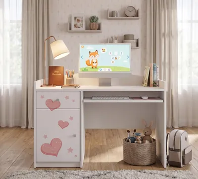 Obrázok produktu pre Písací stôl Happy Babies, biely, pre deti, študentský písací stôl 125x60 cm so zásuvkami, stôl na učenie, potlačený, vhodný pre dievčatá aj chlapcov