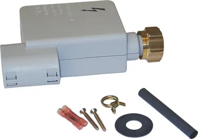 A product image of a gray electrical component with brass fittings and various small parts laid out in front of it.