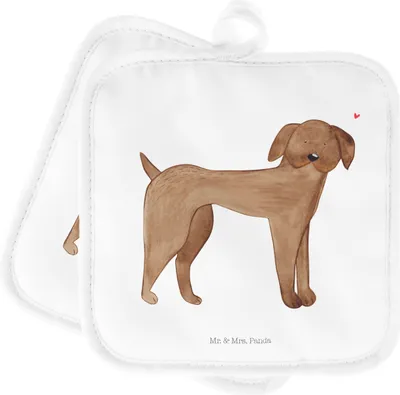 Produktbild von Mr. & Mrs. Panda Topflappen Hund Dogge - Weiß - Geschenk, Set, Herz, Topfuntersetzer, Kochlappen, topfhalter, Hunde, Süß, Sprüche, Topflappenset