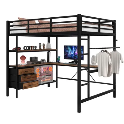 Produktbild von Hochbett mit Schreibtisch, Mehrfachsteckdose, Stauraum, Rausfallschutz und LED-Beleuchtung, 140x200 cm, Metallbett, Jugendbett