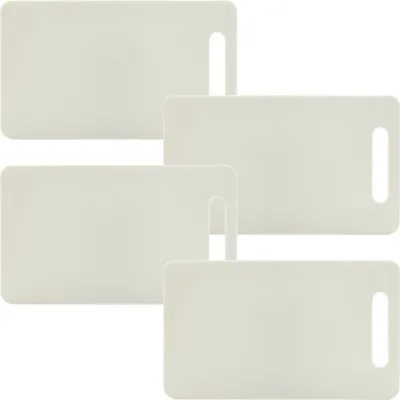 Four white cutting boards are arranged in a staggered pattern against a white background.