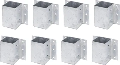 A set of eight metal post anchors arranged in two rows of four.