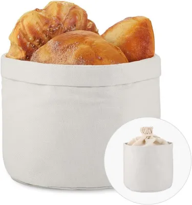 Produktbild von Brotkorb Stoff Brötchenkorb mit Deckel Kordelzug Brotbeutel Ø 20 cm Hellgrau