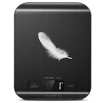 Produktbild von Digitale Küchenwaage 5kg Edelstahl mit LCD Display, 1g Präzision, 6 Maßeinheiten, Tara Funktion, Lebensmittelwaage zum Backen, Schwarz