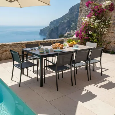 Immagine prodotto di Set di tavoli da giardino alluminio effetto legno e 8 poltrone grigio - Oviala Tivoli