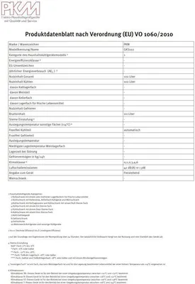 Product data sheet for a refrigerator.