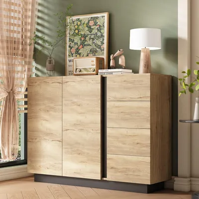Produktbild von Merax Sideboard, Kommode mit 4 Schubladen und 2 Türen, griffloses Stauraummöbel mit Push-to-Open, Anrichte für Wohnzimmer und Küche, Natur