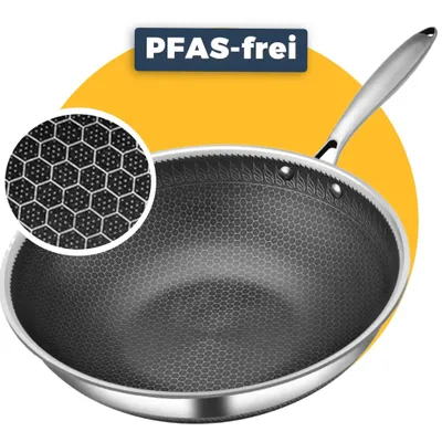 Produktbild von Pasper Wokpfanne Ø 30 cm – Frei von & PTFE – Induktion, Elektro, Keramik & Gas – Edelstahlpfanne mit Waben-Antihaftbeschichtung