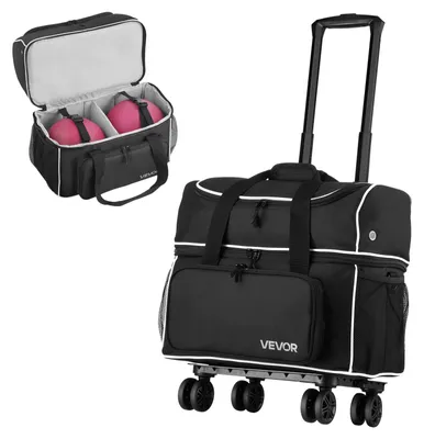 Image de Sac de bowling VEVOR pour 2 boules avec quatre roulettes, compartiment séparé pour chaussures (jusqu'à la taille 16 US) et poche accessoire surdimensionnée, poignée rétractable pouvant être déployée jusqu'à 95 cm, noir.