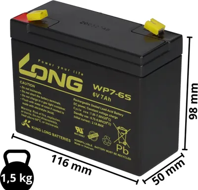 Obrázok produktu pre Kung Long batéria WP7-6S 6V 7Ah AGM olovené rúno bez údržby 6Volt