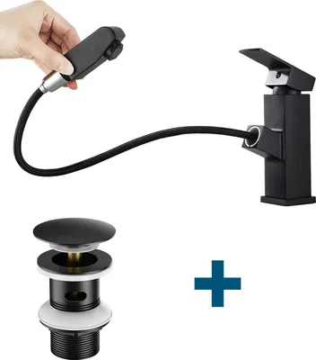 Produktbild von Auralum Waschtischarmatur Schwarz Ausziehbar Pop-Up mit Ablaufgarnitur (Messing/Silikon) für Waschbecken mit Überlauf, Küche & Bad. Armatur: H 174mm (Auslass 103mm, Ausladung 130mm), Einbau Ø 32-35mm; Ablaufgarnitur: H 187mm, Ablauf Ø 41-55mm, G 1 1/4 Zoll Anschluss. 0.5-5 Bar, 1-90°C.