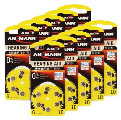A collection of ANSMANN hearing aid battery packs arranged in a staggered pattern.