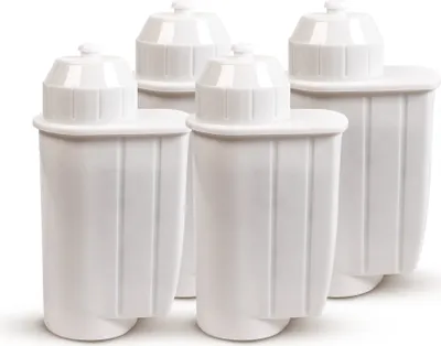 Four white water filter cartridges are arranged in a group against a white background.