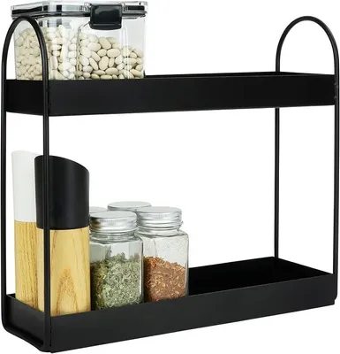 Produktbild von PolkaHome® 2-stöckiges Gewürzregal aus Metall – Platzsparender Küchenorganizer für Gewürzgläser, Eckregal für Küche, Bad &