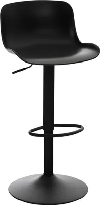A black bar stool with a circular base and adjustable height.