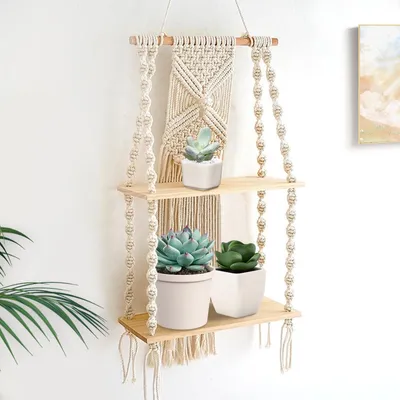 Produktbild von Wandregal aus Holz, Boho-Makramee-Wanddeko, dekoratives Regal, zweistöckiges Wandregal mit Quasten, handgeflochtenes Hängeregal aus natürlichem Treibholz für Wohnzimmer, Schlafzimmer, Badezimmer