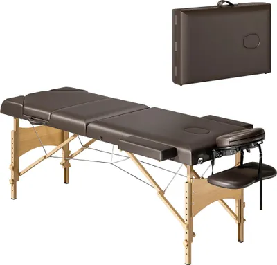 Image de Table de massage - 3 zones pliable - Structure en bois - Simili cuir - Réglable en hauteur de 64 à 89 cm - Dossier, appui-tête, accoudoirs - 215 × 60 cm - Noir