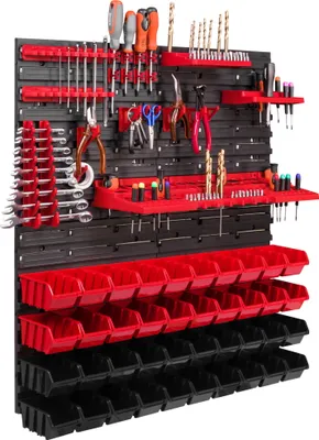 Image de Panneau d'outils mural 78 x 78 cm avec 40 pcs. Boîtes de suspension avec jeu de supports en plastique