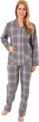 Produktbild von Damen Flanell Pyjama langarm Schlafanzug in karierter Optik- 61810 ; dunkelgrau , 44