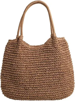 Zdjęcie produktu dla Duża torba koszykowa z bambusa, torba letnia, torba plażowa, torba na ramię, torba na zakupy, duża pleciona torba, torba na zakupy, 50 x 2 x 34 cm
