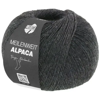 A ball of dark gray yarn with a label.