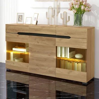 Produktbild von okwish LED Sideboard Schrank mit 3 Türen 3 Schubladen Moderne Kommode Schubladenkommode Natur