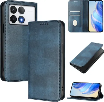 Obrázek produktu pro Pouzdro pro Xiaomi Poco F6 Pro/Redmi K70/K70 Pro, vintage kožené pouzdro s RFID ochranou, přihrádkami na karty, stojánkem Modrý