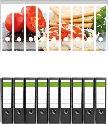 Produktbild von Wallario 9 Stück breite Ordner inkl. Klebeetiketten mit Motive Frisches Knäckebrot mit Tomaten und Käse -  Set mit Rückenschildern / Ordnerrücken Stickern