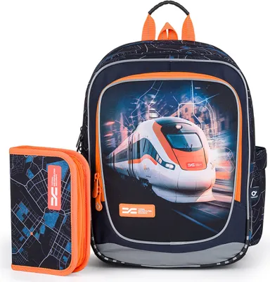 A backpack and a pencil case with a train graphic.