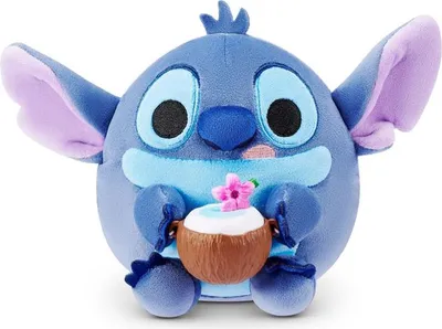 A stuffed toy of the character Stitch holding a coconut drink.