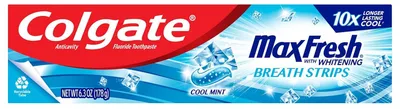 Produktbild von Zahnpasta, Colgate, Max Fresh, Whitening Breath Strips, zahnaufhellende Wirkung, mit Fluorid, Minzgeschmack, 178gr
